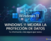 Windows 11 logo with data protection icons and Spanish text about security