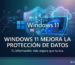 Windows 11 logo with data protection icons and Spanish text about security