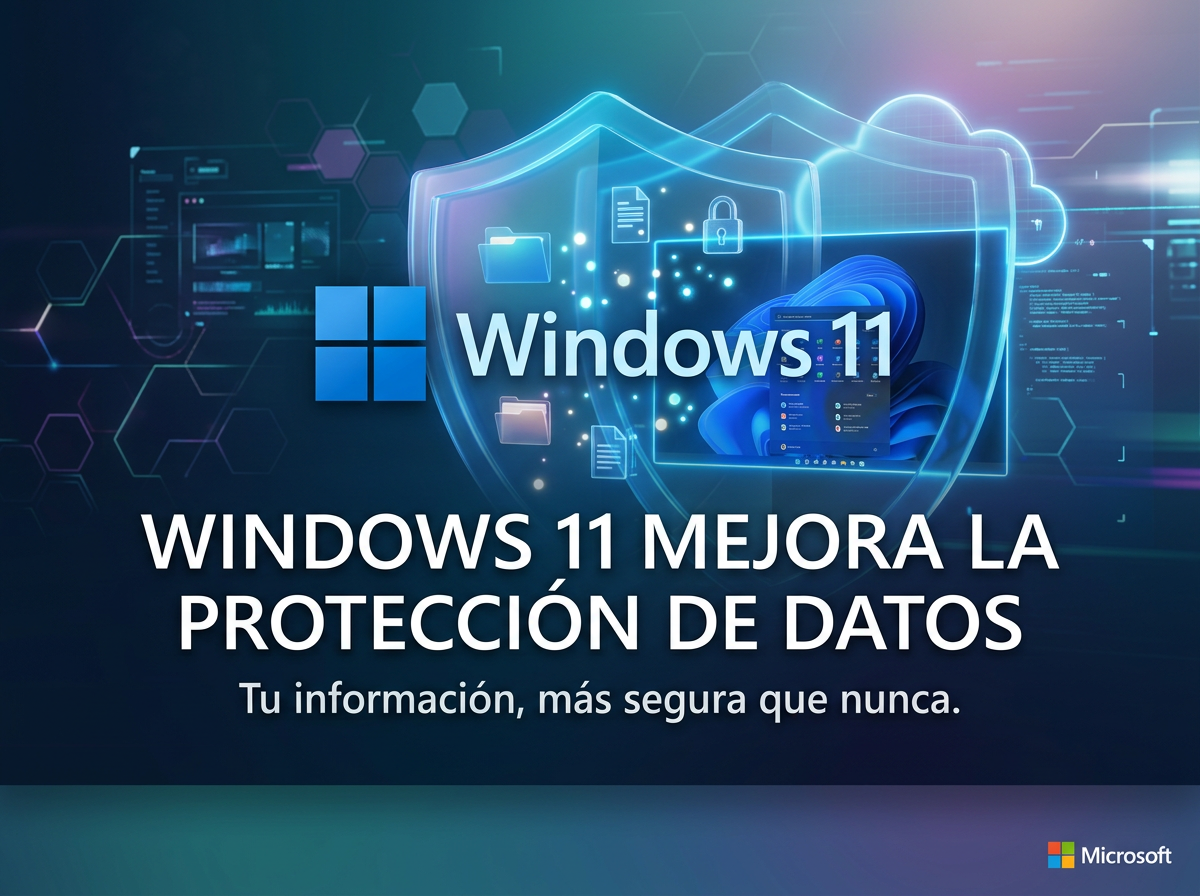 Windows 11 logo with data protection icons and Spanish text about security