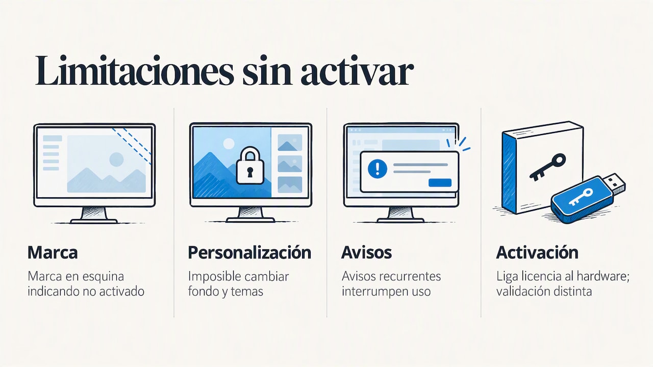 Qué implica usar una copia de Windows 11 sin activar — overview diagram